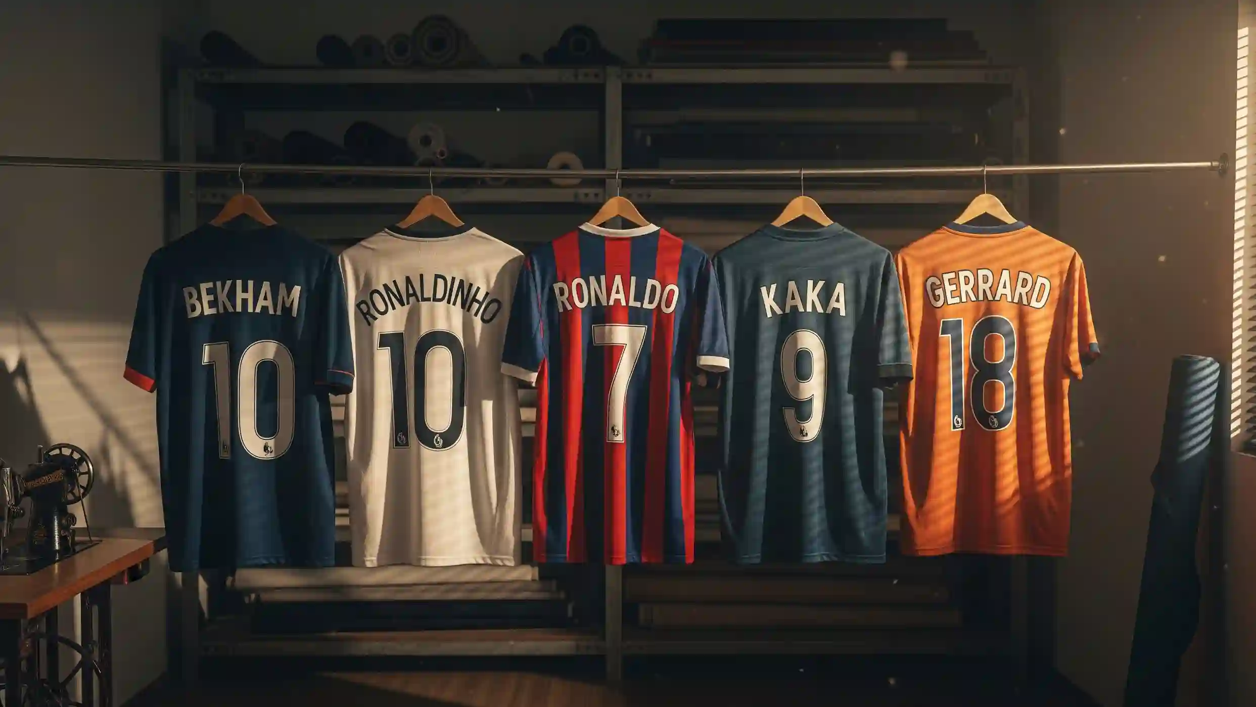 Custom apparel makers in Kerala – old jersey store setup with jerseys hanging on display