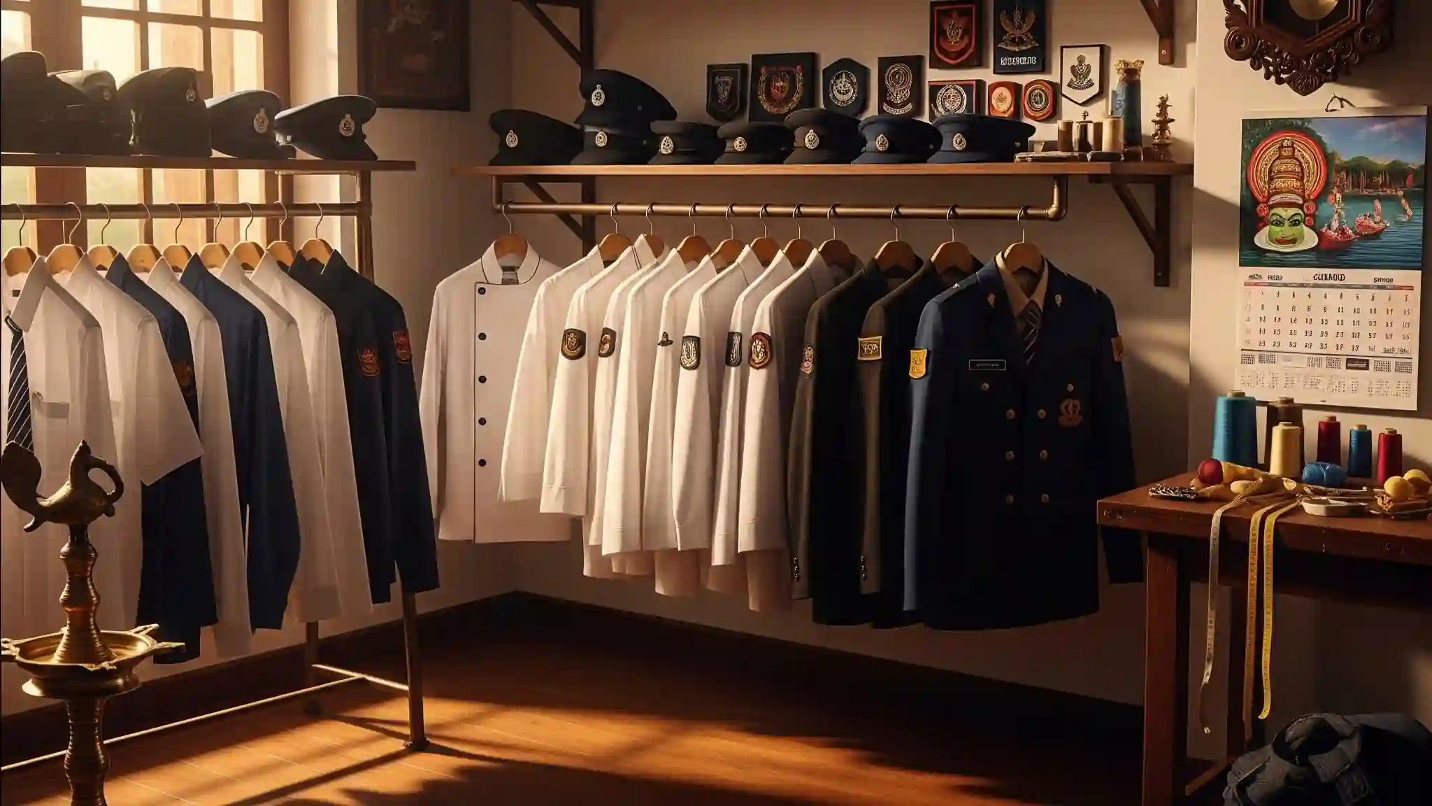 Custom apparel makers in Kerala – traditional tailor shop with different uniforms hanging on display