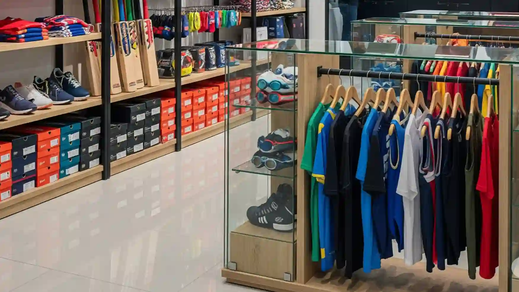 Custom apparel makers in Kerala – Trendz Sport showroom featuring a wide range of sports items