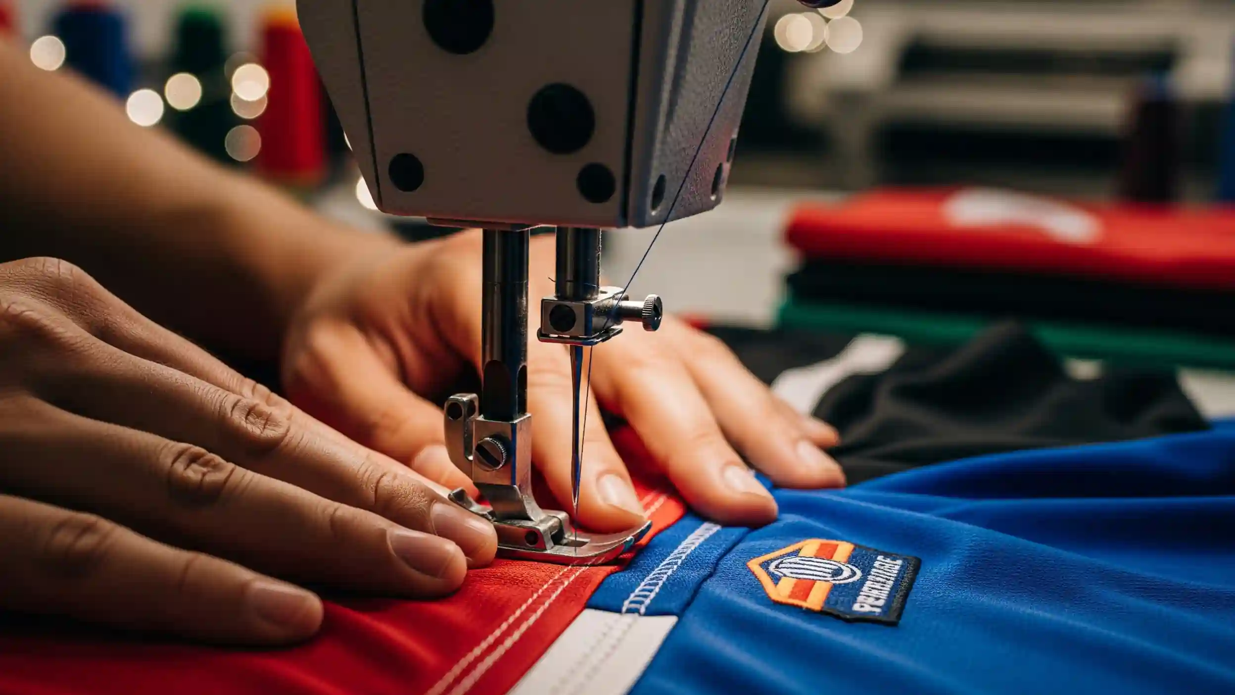 Print-on-demand In Kerala – close-up of hand operating sewing machine at Trendz Sport