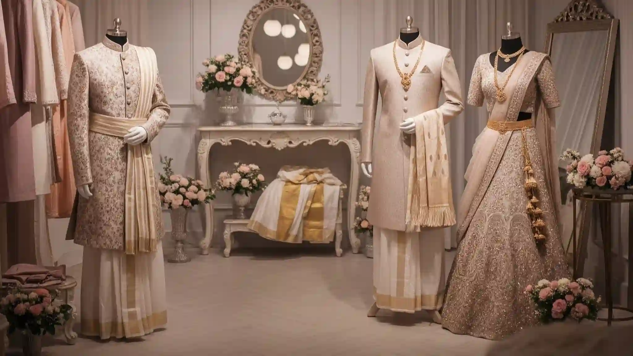 Custom apparel makers in Kerala – Trendz Sport wedding collection display with bridal and groom outfits
