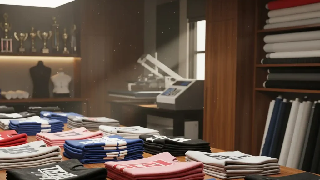 Sportswear and printing services Kerala – Trendz Sport shop with machines, t-shirts, trophies, and medals